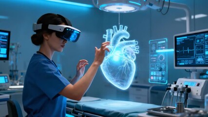 A female surgeon in scrubs uses a virtual reality headset to interact with a heart hologram - Powered by Adobe