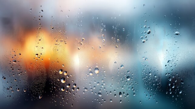 Foggy window with detailed rain droplets and blurred colorful lights creating atmospheric abstract moisture textures for design backgrounds, Generative AI