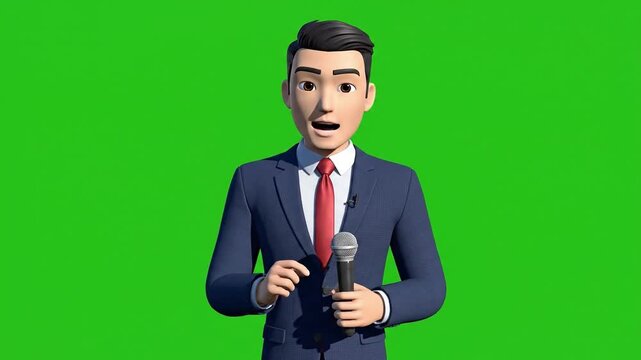 Cartoon businessman holding microphone. Animated character in suit and tie. Green screen background. Vector illustration for presentation or video. Businessman with microphone. Cartoon style. Green