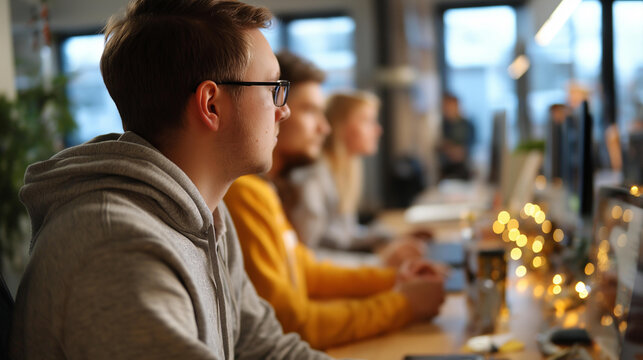 Professionals collaborating in modern co working space winter light through glass walls faceless team members contemporary shared office holiday season productivity