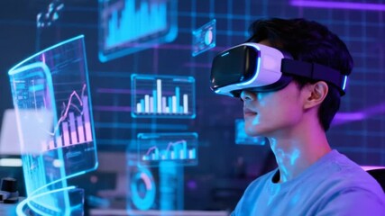 A young man wearing a VR headset analyzes holographic data charts and graphs in the metaverse - Powered by Adobe