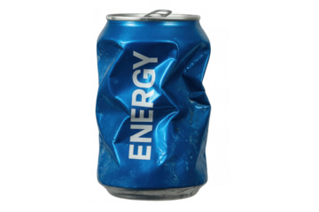 Crushed blue energy drink container standing, highlighting concepts of waste, recycling, and finished consumption