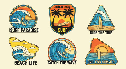 Collection of vibrant surfing themed badges, featuring surfers riding waves, palm trees, and sunsets