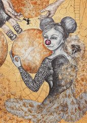 A girl with an elephant tattoo in the lotus position meditates. An owl is on her shoulder. Three planets, one of which has a silhouette of a child with a cat. The work is done in mixed media on burlap