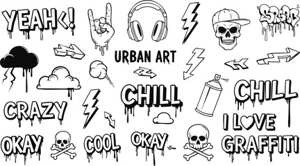 Graffiti art elements including words like YEAH, CRAZY, COOL, OKAY, CHILL, and I LOVE GRAFFITI