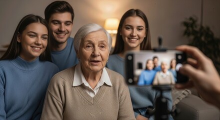 Elderly woman shares memories, younger relatives gather for preserving history, uniting generations, recording heritage, family connection, emotional moment, warm indoors, wisdom exchange.