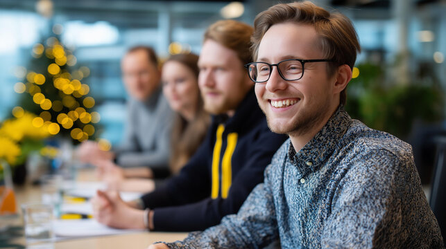 Cheerful faceless professionals discussing project results winter light modern conference table Christmas decorations visible contemporary office teamwork collaborative