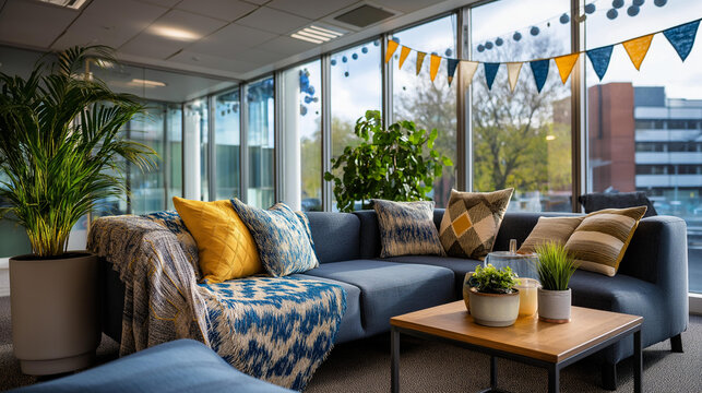 Contemporary co working space with banner mockup area winter afternoon light modern furniture small festive touches professional shared office seasonal business interior - Powered by Adobe