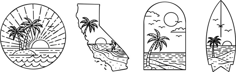 Monochrome line art of California coastal scenes featuring palm trees, ocean, and surfing. Ideal for travel, recreation, and summer themes