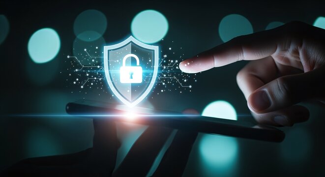 Digital Shield Security Concept, Secure Access and Protection for Online Data, Fingerprint Authentication Protecting Sensitive Information with a Glowing Lock Icon on a Smartphone