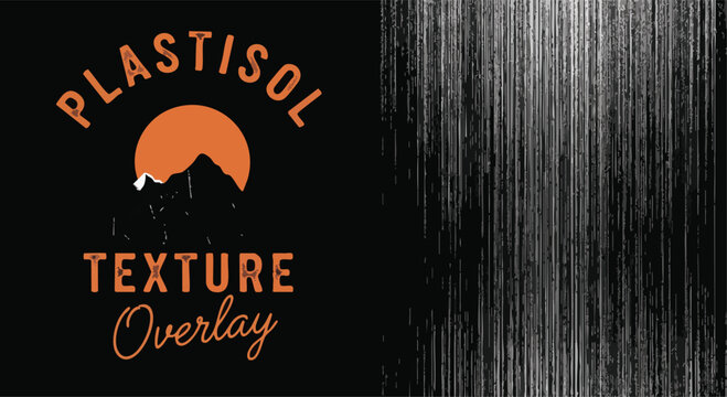 Plastisol texture overlay design on black background with mountains and orange sun. Grunge effect background for graphic design
