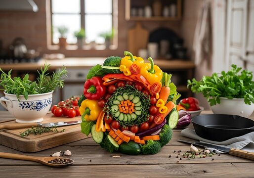 Artistically arranged fresh vegetables on rustic wooden kitchen table