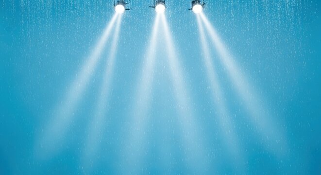 tres fontes de luz com feixes de spotlight iluminam gotas de chuva em um fundo azul-claro &mdash; chuva em um papel de parede azul