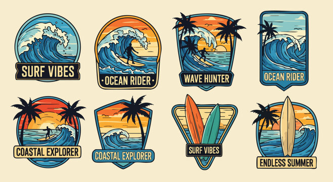 Retro surf badge designs. Features illustrations of surfing, waves, palm trees, and surfboards. Vintage style illustrations in a variety of shapes