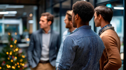 Business team co working in contemporary shared space winter light through glass partitions faceless professionals modern office furniture holiday season collaboration profess