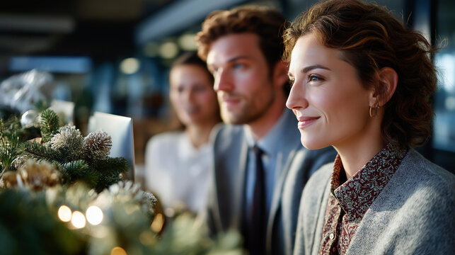 Business team members at standing desks winter afternoon light minimal festive decorations faceless professionals modern ergonomic workspace holiday season productivity clean