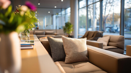Comfortable seating area in corporate lobby winter light through windows modern furniture arrangement subtle holiday decorations professional waiting space contemporary office
