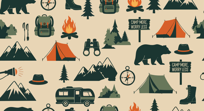 Seamless pattern of camping and outdoor adventure icons. Tents, mountains, trees, bears, campfires, and essential gear in a flat design