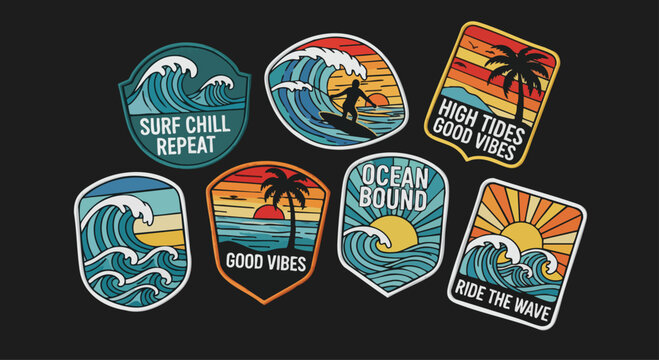 Set of colorful, retro-style surf patches with ocean waves, sunsets, and motivational text for beach lovers and surfers