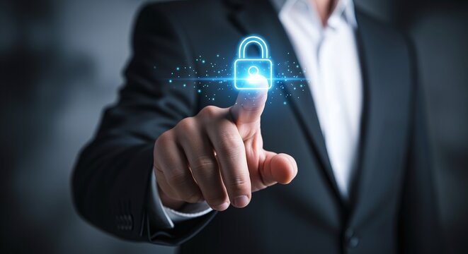 Digital security concept businessman's hand touching a glowing padlock icon with a person inside, representing data protection, privacy, and cybersecurity in a modern business context