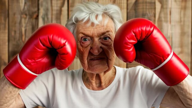 Resilient Spirit: An elderly woman, clad in boxing gloves, radiates unwavering determination, embodying the spirit of a true fighter. This image conveys strength, resilience.