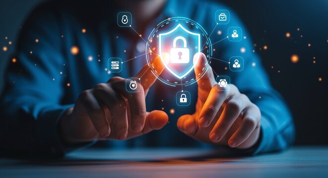 Personal data protection and online security concept, digital shield with lock icon and connected network of abstract icons representing data privacy, cybersecurity and safe internet access