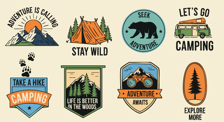 Vector camping badges and travel logos set for outdoor adventure. Adventure is calling, let's go camping, seek adventure, stay wild and explore more