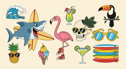 Naklejka premium Vibrant summer vacation icons illustration