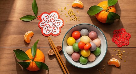 Dongzhi Festival celebration, vibrant glutinous rice balls, delicious sweet tangyuan dessert, fresh citrus fruits, traditional decorations on a warm wooden background.