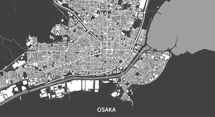 Fototapeta premium A clean and minimalist overhead map illustration of Osaka, Japan, showcasing the city's urban layout, streets, and coastal features