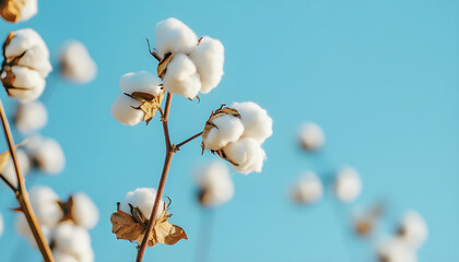 Fototapeta premium Cotton plant bolls hang on branch against clear blue sky. White fluffy fiber is ready for harvest. Photo shows eco farming and