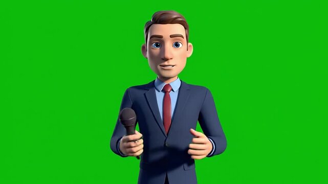 Cartoon businessman holding microphone. 3D character illustration. Man in suit and tie. Green screen background. Vector graphic.