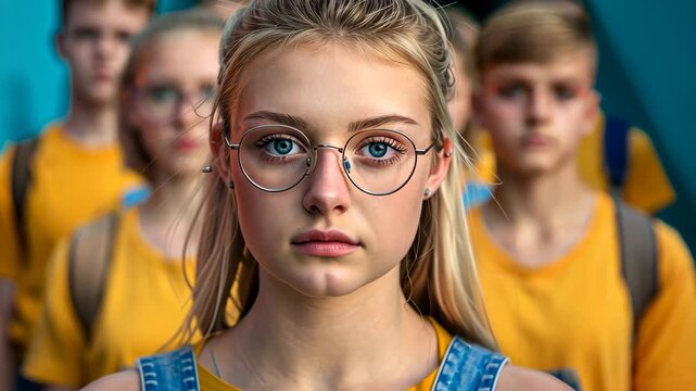 Focused Teen's Portrait: A young individual with glasses stares with deep gaze, surrounded by peers. Exploring the intensity of youthful perspective. 
