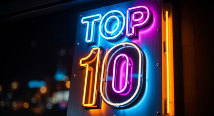 Neon top 10 ranking list glowing at night