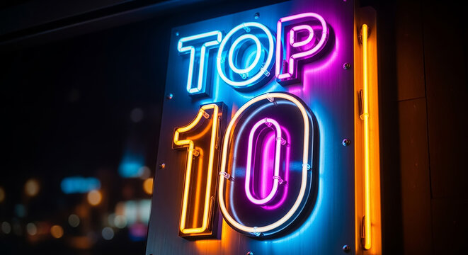 Neon top 10 ranking list glowing at night