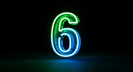Green and blue neon light number six glowing