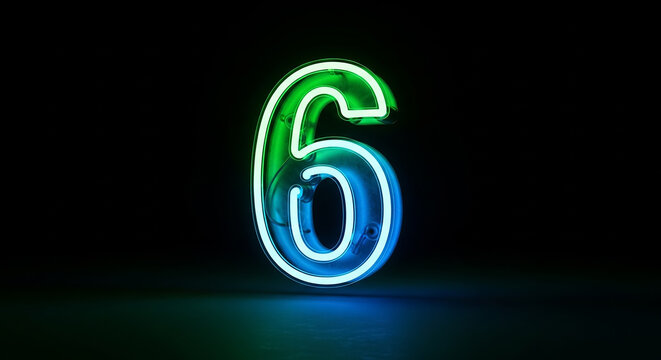 Green and blue neon light number six glowing