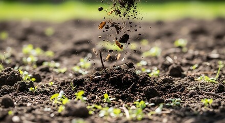 Nutrient-Rich soil being thrown over the field filled with sprouting seeds