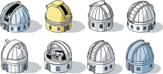 Collection of isometric illustrations of various observatory domes. Showcasing different designs and colors for astronomical research