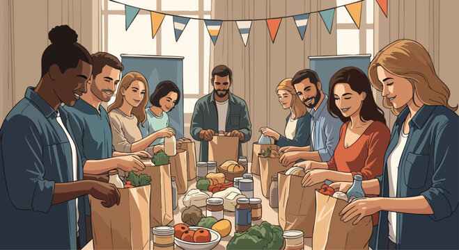 Diverse group of volunteers packing groceries into bags at a food bank. Illustration showing community support, generosity, and helping those in need