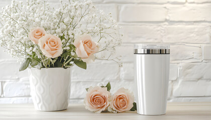 White blank tumbler sits on a wooden surface with floral arrangements on either side. Perfect for mockups, branding, or lifestyle