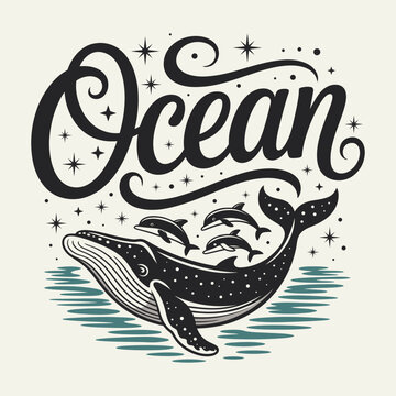 Decorative Ocean Whale and Dolphin Illustration with Handwritten Lettering Style Art