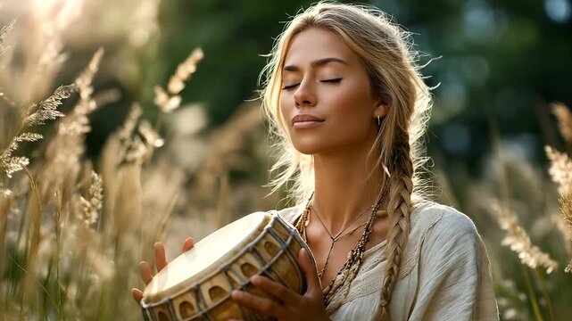 Beautiful shaman woman with tambourine performing ritual outdoors, under soft natural light highlighting rhythm and spirituality, serene cultural scene, calm outdoor lighting, with