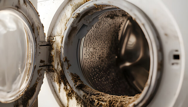 Close up photo shows mold on washing machine seal. Open door reveals dirty, unhygienic conditions. Grime accumulated around gasket