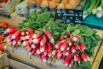 Red radishes at a vegetable stand at the farmers market in Nice, France