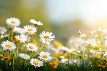 Fresh real daisy flowers, blossoms, growing in meadow grass on a warm sunny spring summer day with a bright sunlit sky background