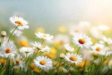 Fototapeta premium Fresh real daisy flowers, blossoms, growing in meadow grass on a warm sunny spring summer day with a bright sunlit sky background
