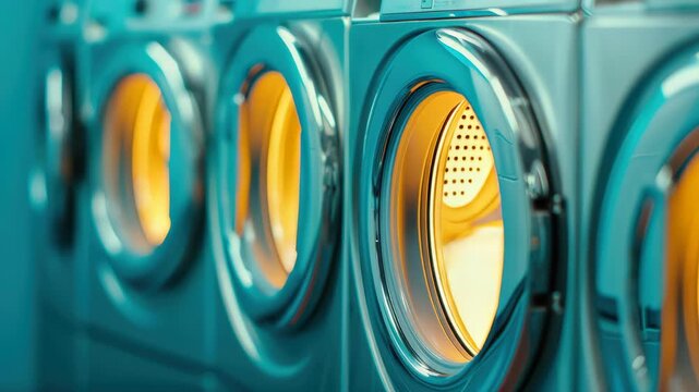 Clean Cycle: a row of washing machine with open door displaying its inner glow, illustrating the theme of cleanliness and hygiene, and the modern laundry experience.
