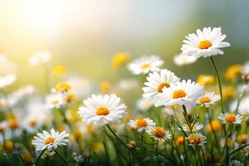 Fototapeta premium Fresh real daisy flowers, blossoms, growing in meadow grass on a warm sunny spring summer day with a bright sunlit sky background