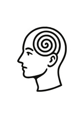 Human head icon with spiral inside representing confusion, dizziness or mental swirl in minimal black line design
